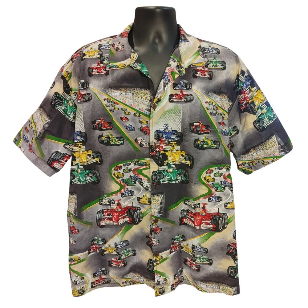 Max Boxxer Men's XXL Gray Race-Car Theme Hawaiian Shirt